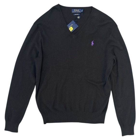 Polo Ralph Lauren Black Cotton V Neck Knit Sweater Purple Pony Size Large NWT